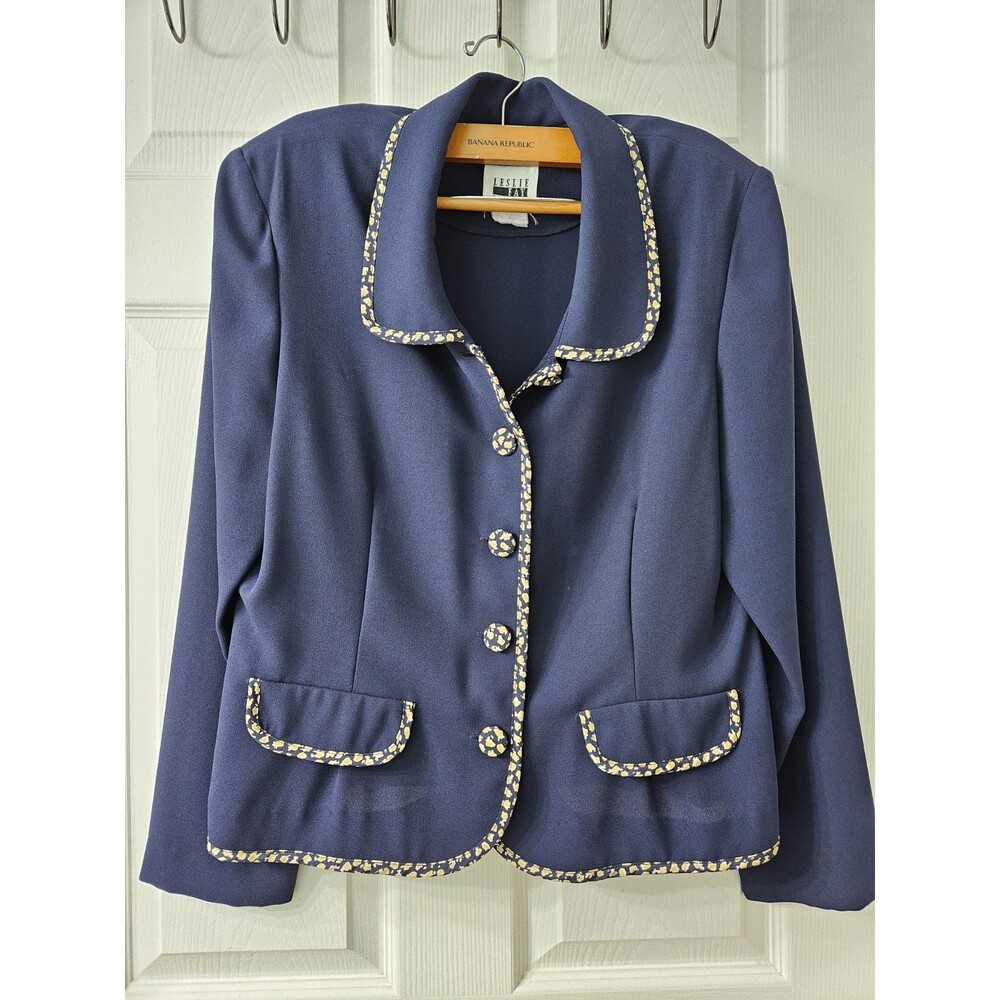 P1 NWT Vintage Leslie Fay Blue  Blazer Blazer Jacket M  Print Trim & Buttons